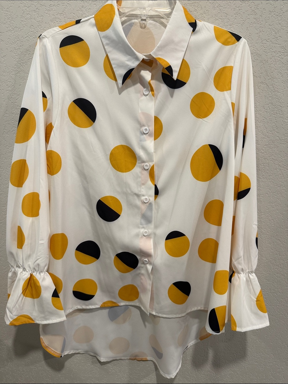 SHEIN White Button-Down Blouse with Yellow & Black Polka Dots